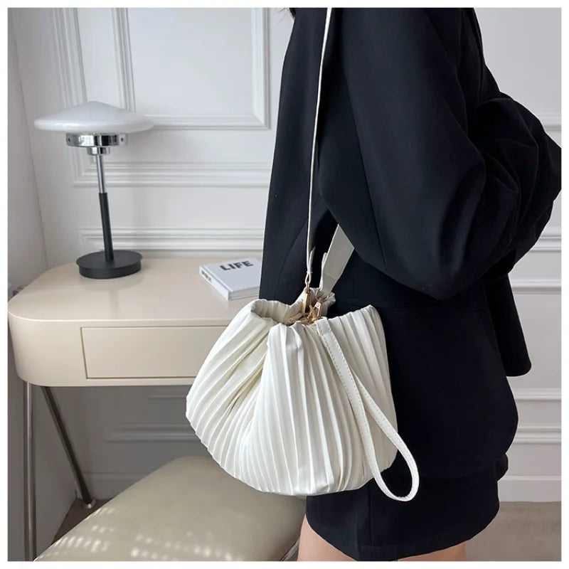 Pleated Crossbody Handbags PU Leather Bucket Coin Purse Casual Shoulder Bags