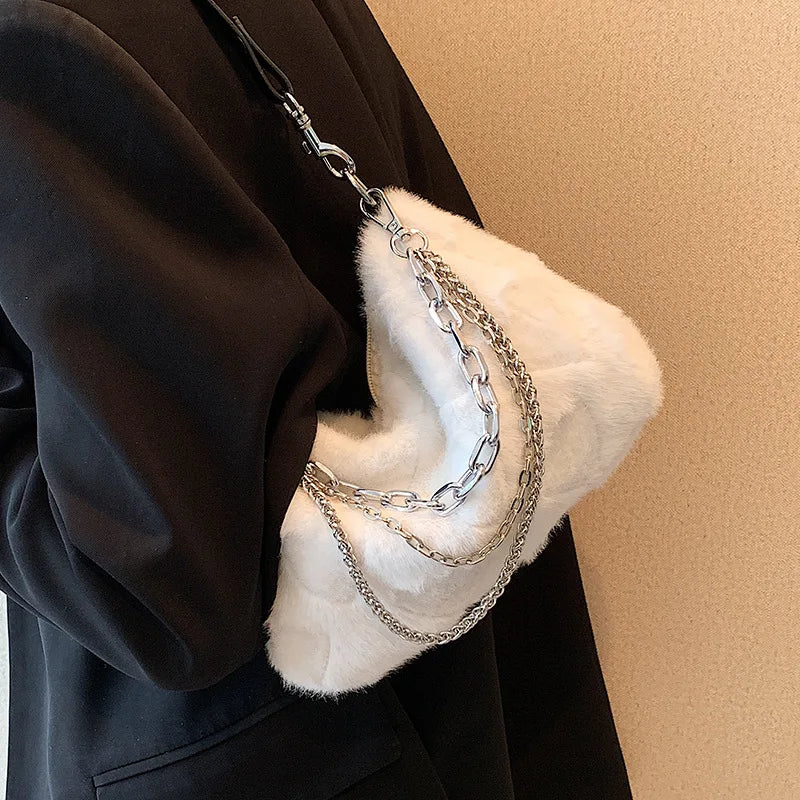 Fluffy Crossbody Bag Multi-layer Chains Solid Shoulder Bag