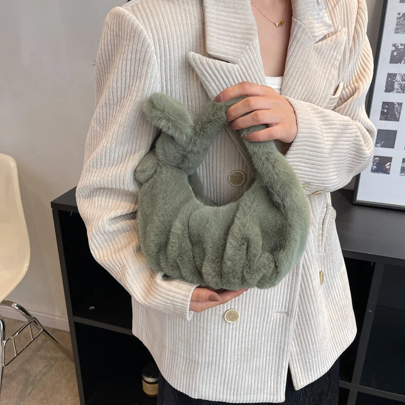 Women Western Style Plush Handbag Underarm Bag Tote Bag