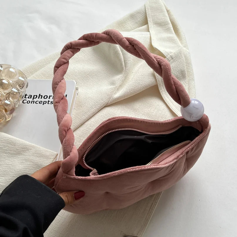 Plush Shopping Bag Retro Rope Handle Tote Clutch Bag For Women