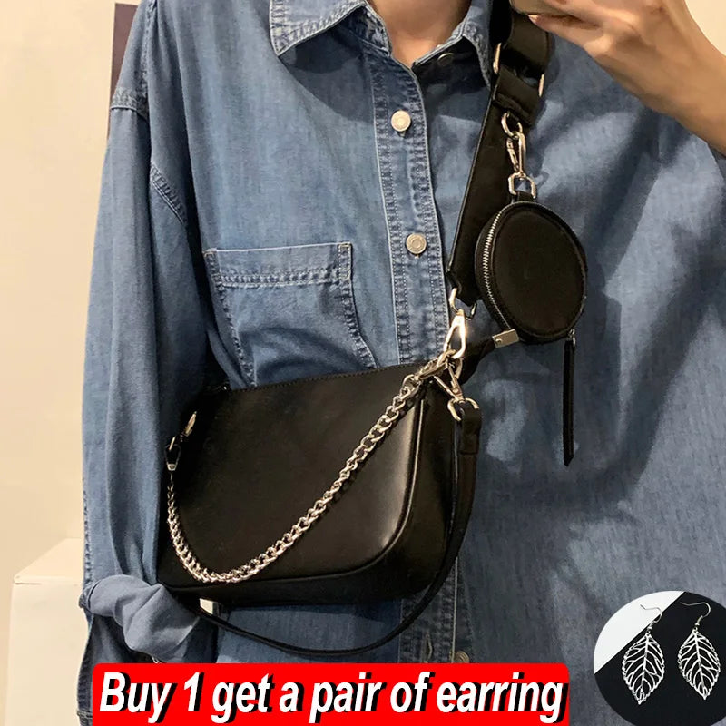 Pu Leather Shoulder Bag For Women Chains Crossbody Handbag Purse 2pcs