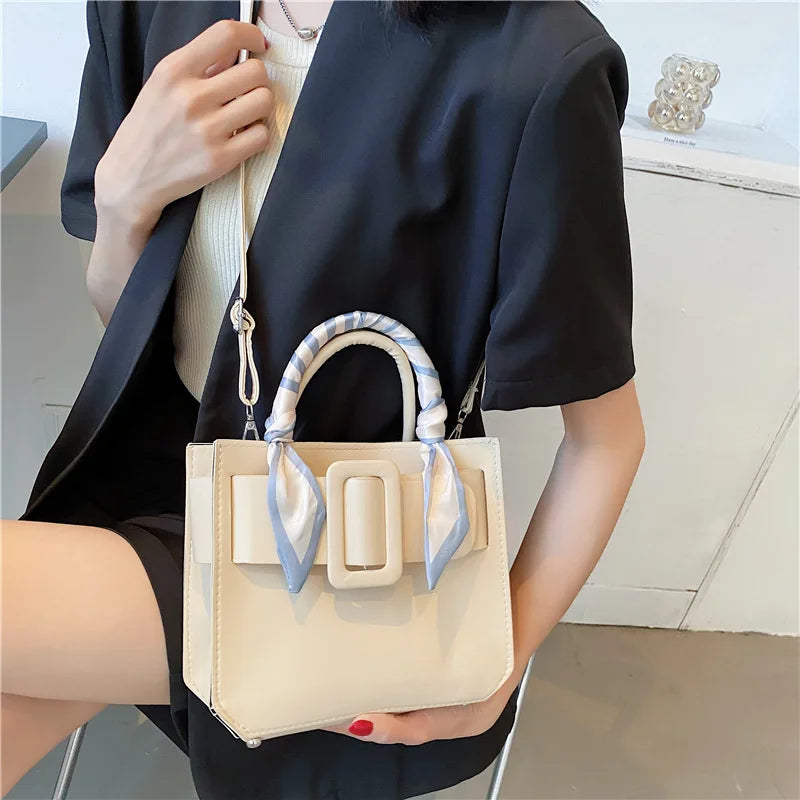 PU Wide Buckle Ladies Shoulder Bag with Silk Scarf