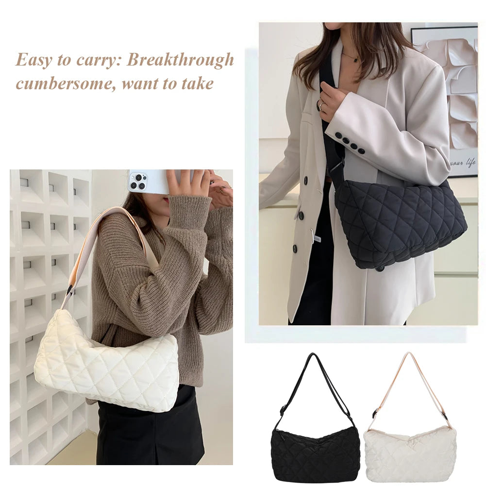 Quilted Crossbody Bag Large Capacity Adjustable Strap Solid Color