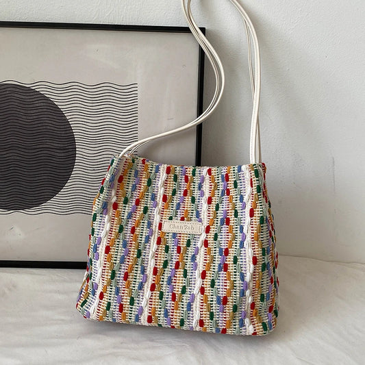 Rainbow Woven Shoulder Bag Women Large Capacity Texture Beach Bags
