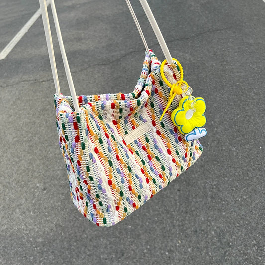 Rainbow Woven Shoulder Bag Women Large Capacity Texture Beach Bags