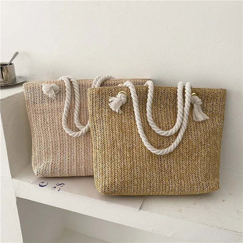 Women Rattan Shoulder Bag Drawstring Woven Handbag Large Capacity