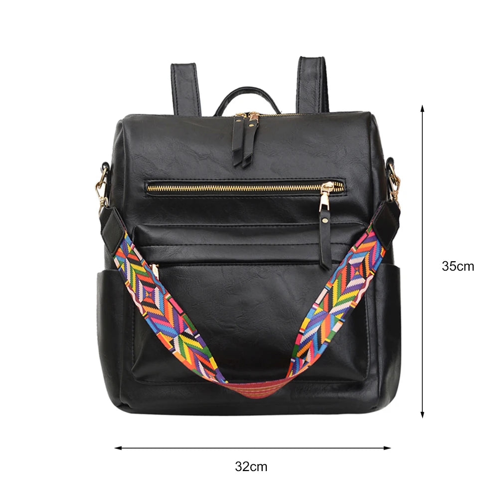 Retro PU Leather Backpack Embroidered Strap Teen Travel Bag