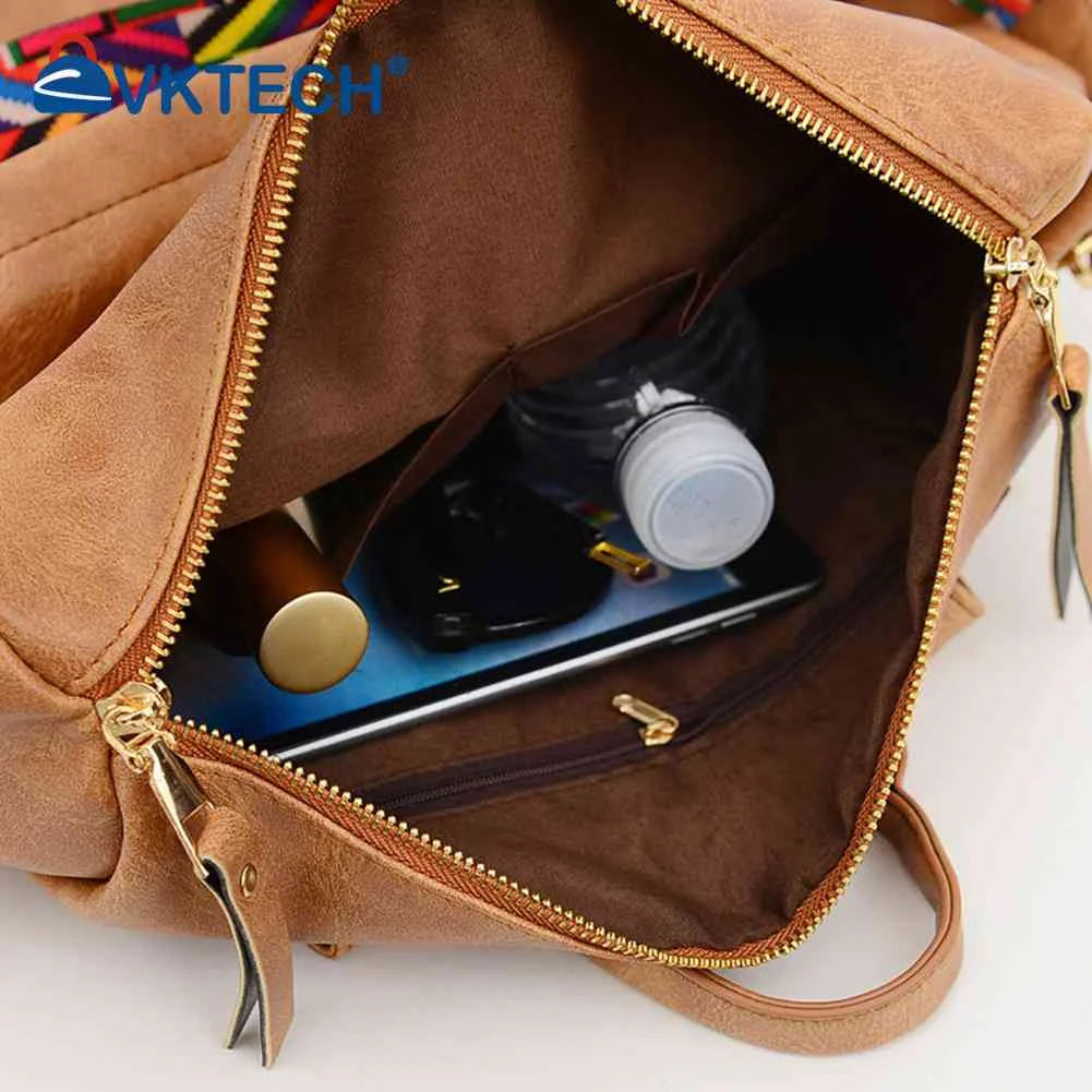 Retro PU Leather Backpack Embroidered Strap Teen Travel Bag