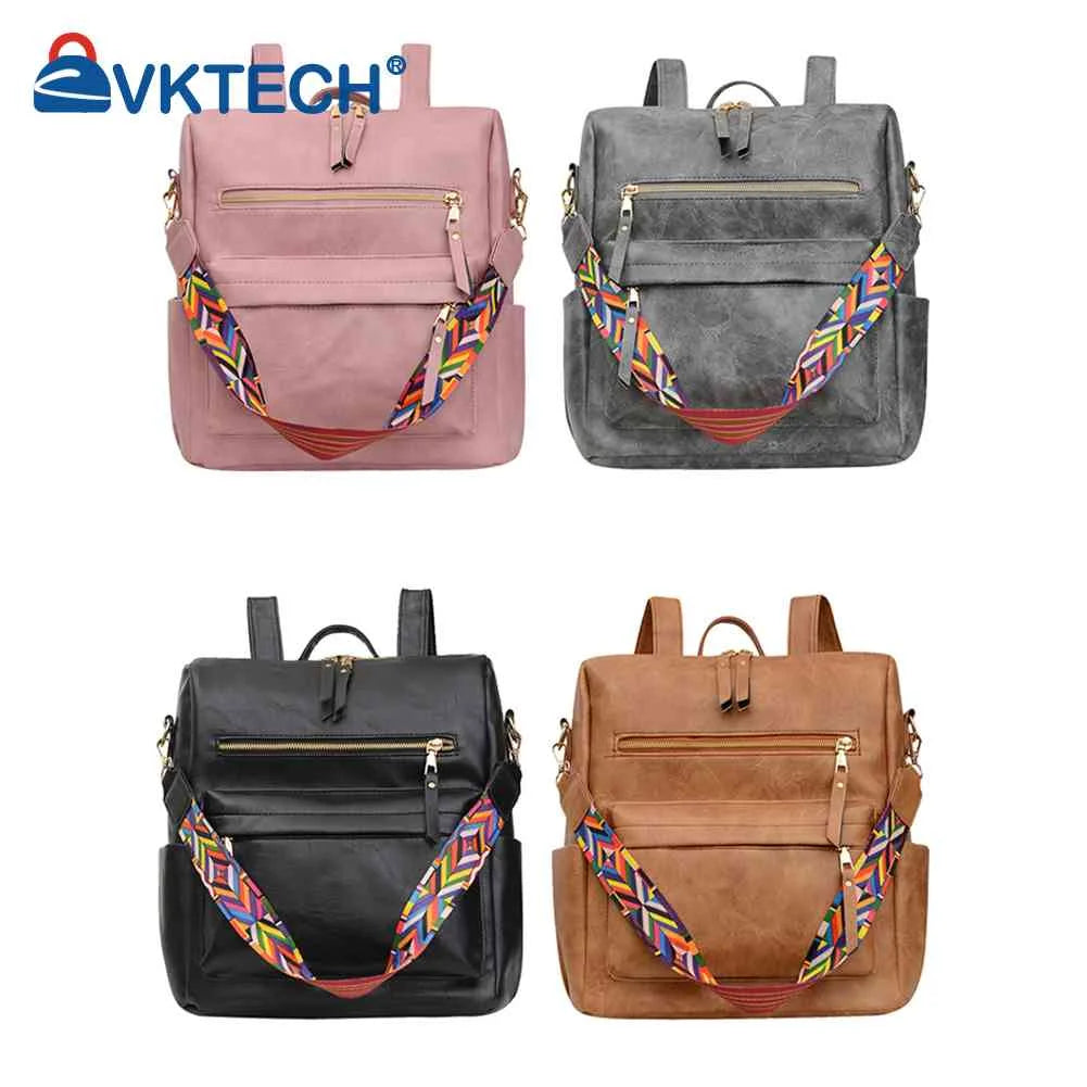 Retro PU Leather Backpack Embroidered Strap Teen Travel Bag