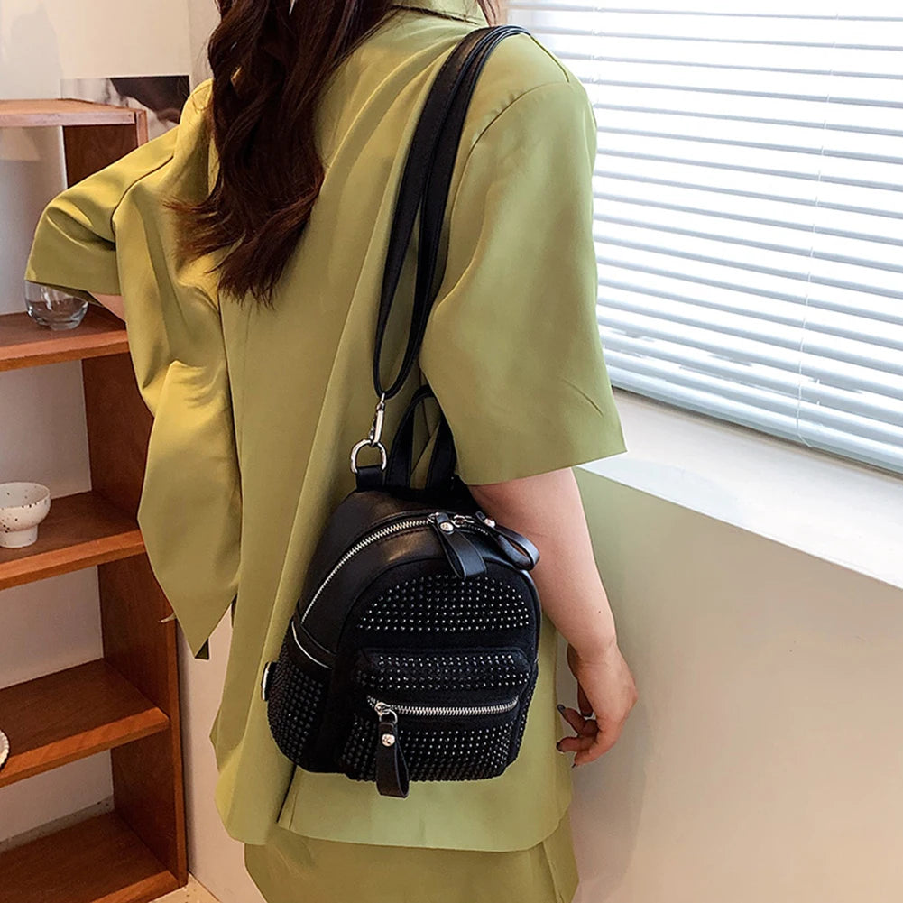 Rhinestone Backpack Women Crystal PU Small Travel Shoulder School Bags
