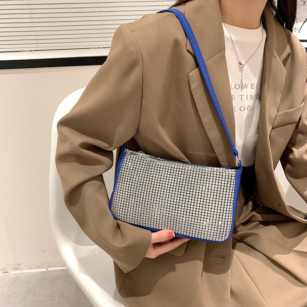 Rhinestone Crossbody Bag PU Leather Chain Clutch Shoulder Pouch