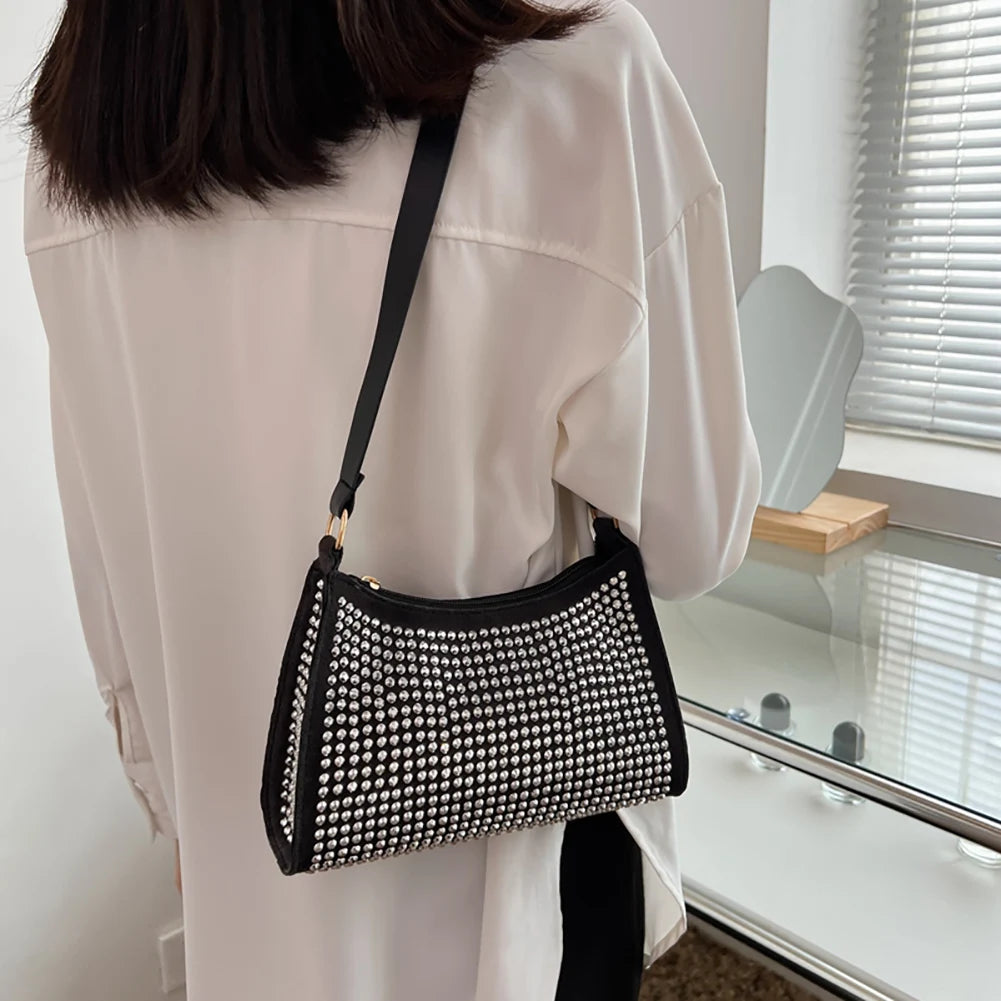 Rhinestone Handbag Women Shoulder Underarm Bag Purse PU Leather Diamond Evening