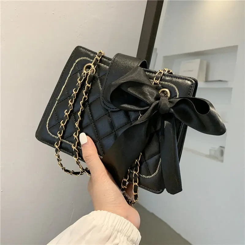 Rhombus Chain Shoulder Underarm Bag Bow Ribbons Solid Pu Leather Crossbody