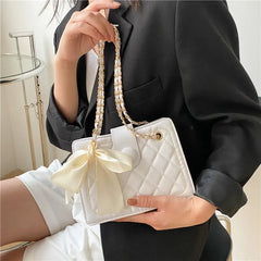 Rhombus Chain Shoulder Underarm Bag Bow Ribbons Solid Pu Leather Crossbody