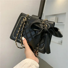 Rhombus Chain Shoulder Underarm Bag Bow Ribbons Solid Pu Leather Crossbody