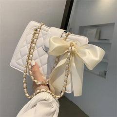 Rhombus Chain Shoulder Underarm Bag Bow Ribbons Solid Pu Leather Crossbody