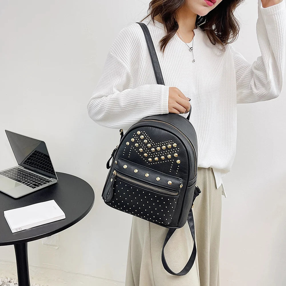 Rivet Shoulder Backpacks Leather Travel Student Casual School Bag
