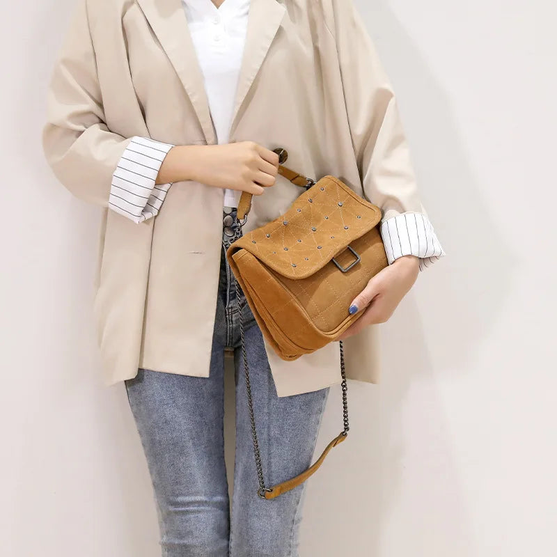 Rivet Small Square Bag Brown Casual Shoulder Wandering Bag