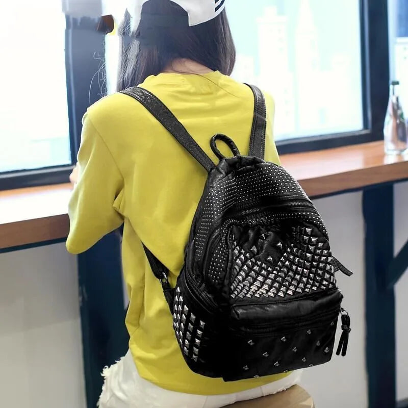 Rivet Women Backpacks Washed Leather Student School Bag