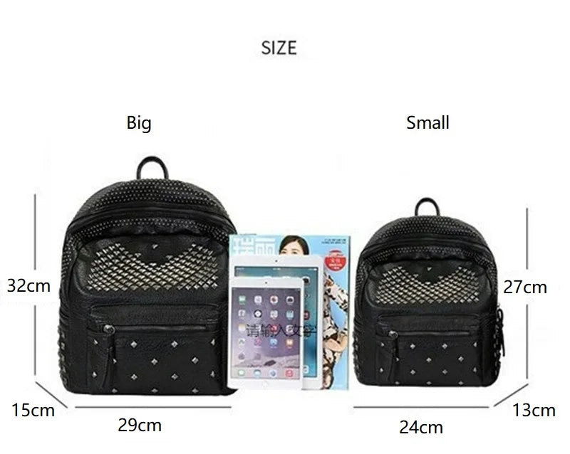 Rivet Women Backpacks Washed Leather Student School Bag