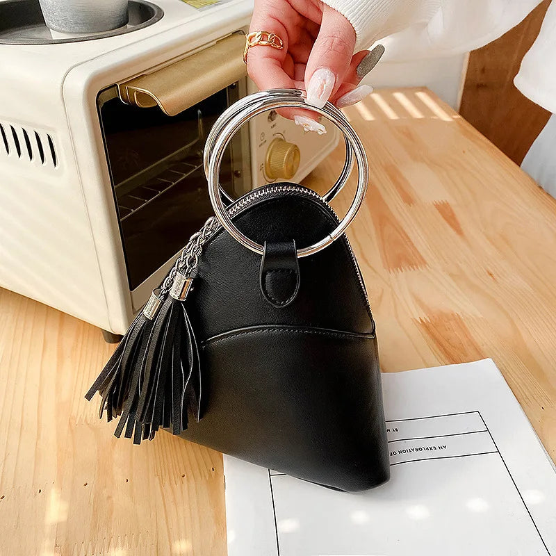 Round Handle Tassel Women's Handbags Small Triangle Coins Clutch Purses Mini Tot