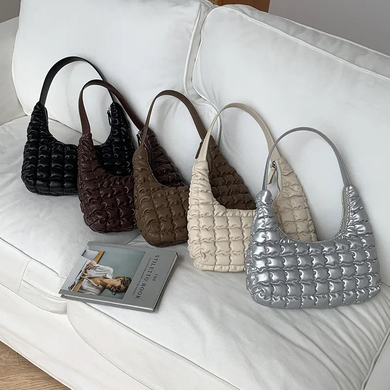 Ruched Quilted Hobos Shoulder Bag Padded Lady Handbag Underarm Bag