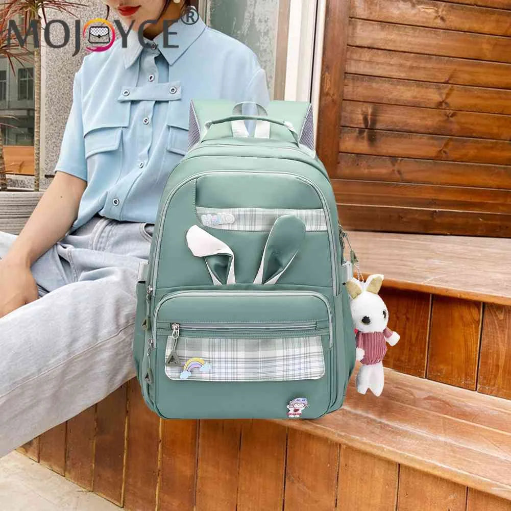 Girl Rabbit Backpack School Backpack Nylon Large Capacity Plaid Design