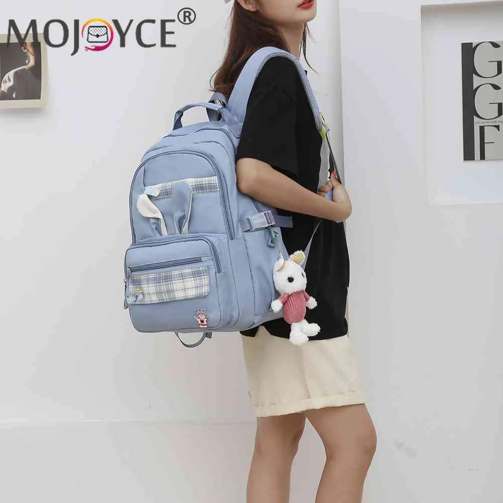 Girl Rabbit Backpack School Backpack Nylon Large Capacity Plaid Design