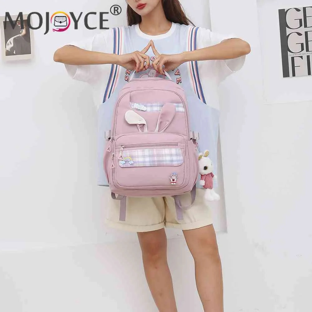 Girl Rabbit Backpack School Backpack Nylon Large Capacity Plaid Design