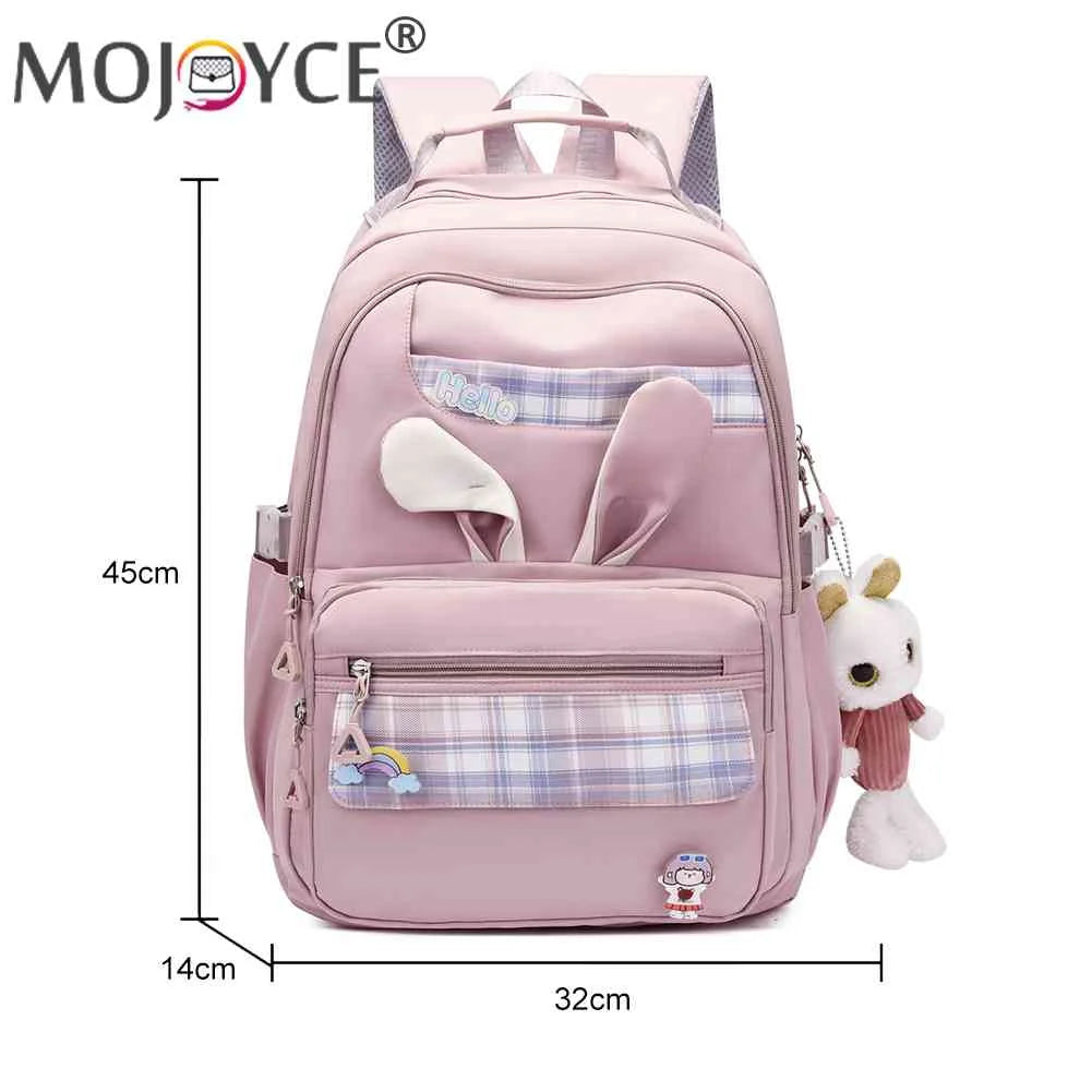 Girl Rabbit Backpack School Backpack Nylon Large Capacity Plaid Design