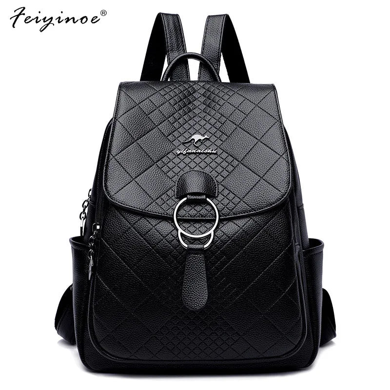 High Leather School Backpack for Women Travel Diamond Lattice Bag