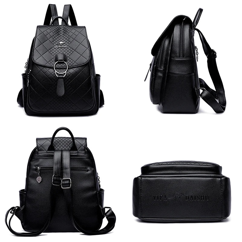 High Leather School Backpack for Women Travel Diamond Lattice Bag