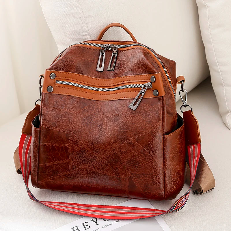 Vintage Leather Women Backpack Preppy Style Backpacks