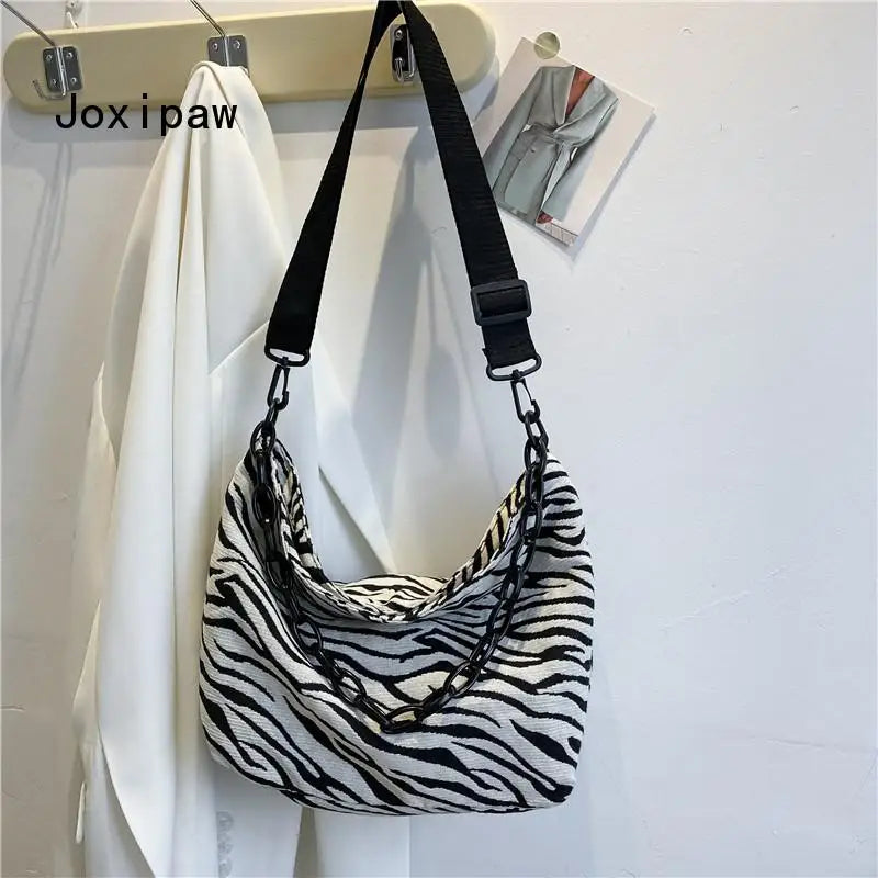 Vintage Striped Chain Crossbody Bag Women Casual Canvas