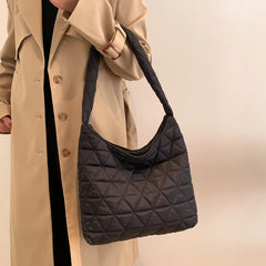 Soft Cotton Shoulder Bag Quilted Rhombus Pattern Lightweight Handbag
