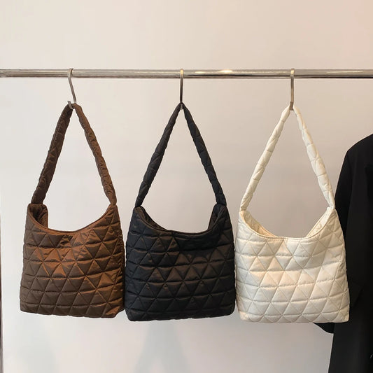 Soft Cotton Shoulder Bag Quilted Rhombus Pattern Lightweight Handbag