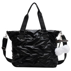 Quilted Crossbody Bag with PomPom, Large Capacity Ladies Tote Handbag