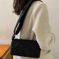 Quilted Rhombus Shoulder Tote Bag, Wide Strap, Cotton Padded