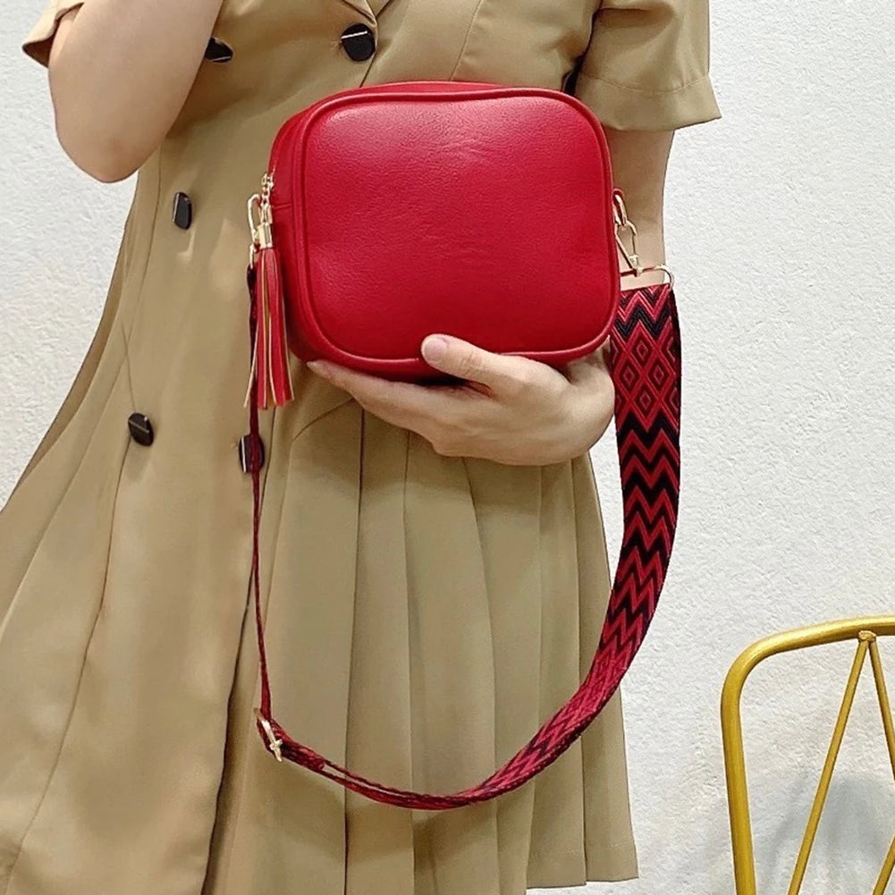 Shoulder Bag Tassel Handbags PU Leather Wide Strap Casual Solid