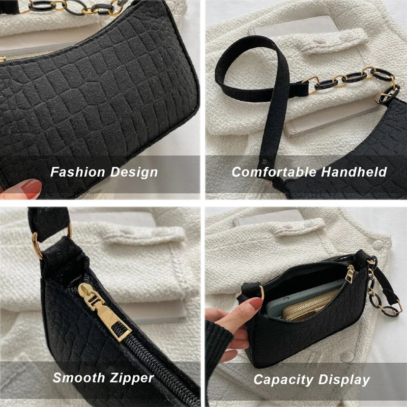 Felt Chain Handbag for Women Texture Underarm Bag for Girls