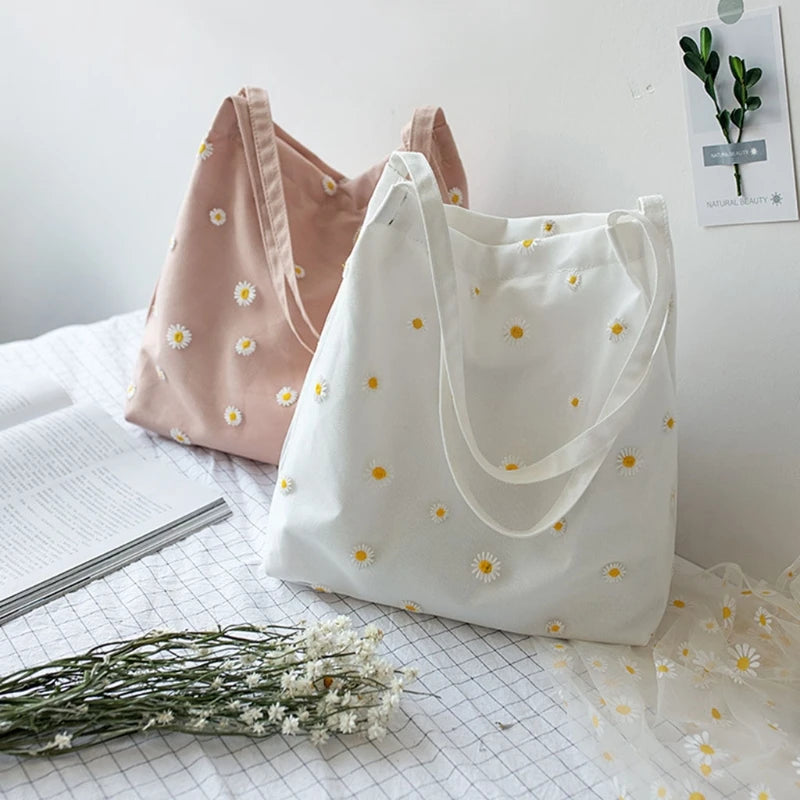 Women's Embroidered Shoulder Bag with Daisies