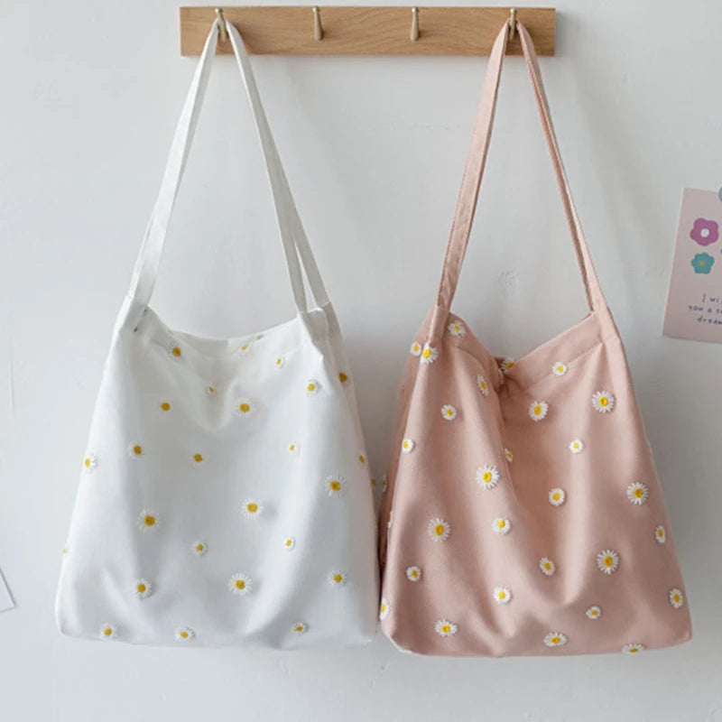 Women's Embroidered Shoulder Bag with Daisies