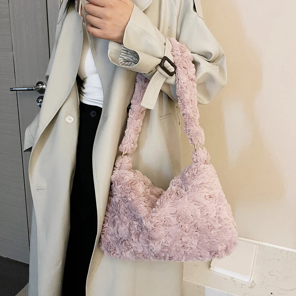 Retro Warm Shoulder Handbag Fluffy Soft Plush Zipper Tote for Women