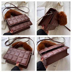 Winter Fur Top-handle Handbags Purse Female PU Leather Bag Small Flap Crossbody
