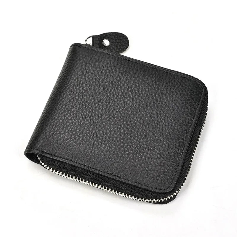 Men's Cow Leather Wallet Short Purse Zipper Money Bag
