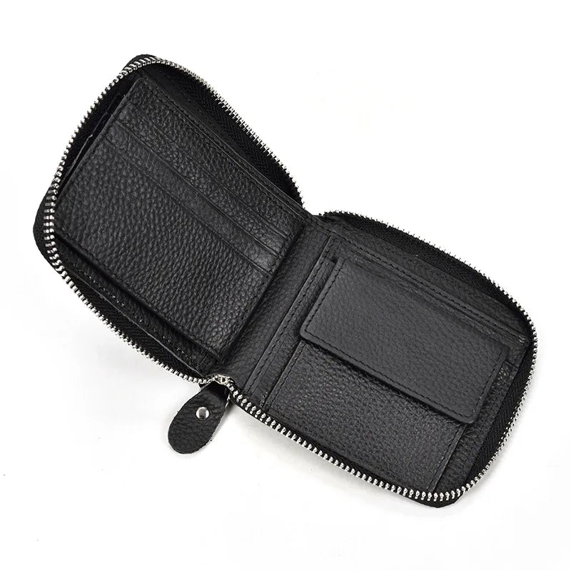 Men's Cow Leather Wallet Short Purse Zipper Money Bag