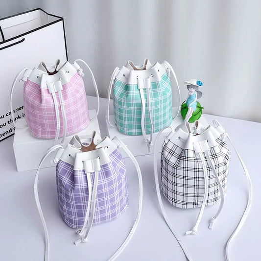 Plaid Drawstring Shoulder Crossbody Bag Women PU Leather Bucket Bags
