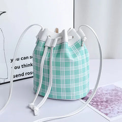 Plaid Drawstring Shoulder Crossbody Bag Women PU Leather Bucket Bags