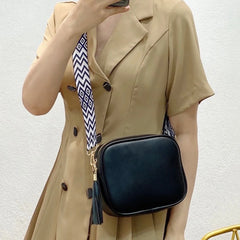 Small Square Satchel Tassel Bag PU Leather Wide Strap Casual Solid