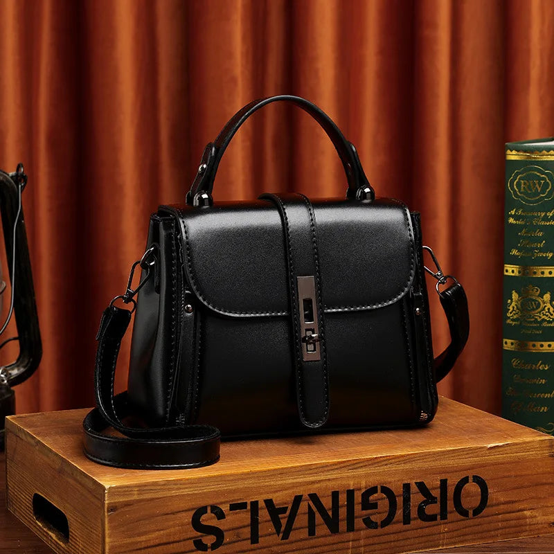 Square Lock Shoulder Bag Solid PU Leather Messenger